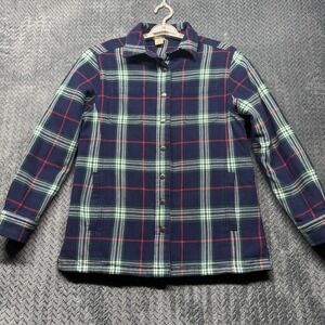 Duluth Trading Co Flapjack Flannel Shirt Jac Small Blue Green Plaid Quilted Cozy